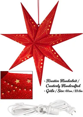 Image de BRUBAKER Étoile de Noël 3D à suspendre - Étoile de papier pour fenêtre avec douille E14 - 60 cm Modèle Déco Étoile de l'Avent, Rouge