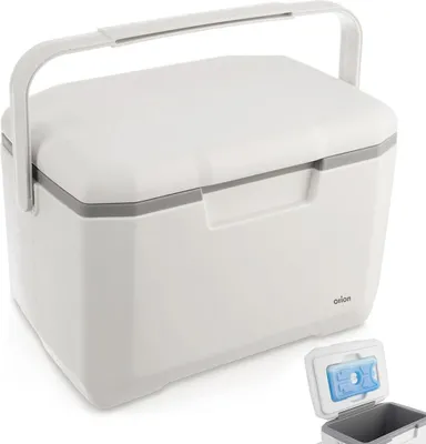 A white cooler box with a gray trim and handle, shown on a white background. A smaller inset image shows the lid open with an ice pack inside.