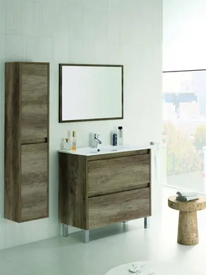 Produktbild von Unterschrank Djuwar, Hängeschrank mit 2 Schubladen, Badezimmerschrank mit Spiegel, Waschbecken nicht enthalten, 80x45h80 cm, Eiche