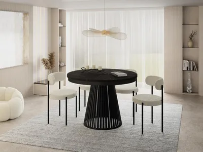 Produktbild von Esstisch Rund Ausziehbar mit Lamellen im Loft-Stil – 100 bis 180 cm – Industrieller Tisch mit Schwarzen Metallbeinen, Platzsparend für Wohnzimmer oder Esszimmer – Marmor Schwarz
