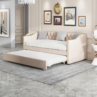 Obrázok produktu pre Čalúnená detská posteľ 90x200 cm, rozkladacia pohovka, béžová, odolná bielizeň, posteľ pre mladých, posteľ pre hostí