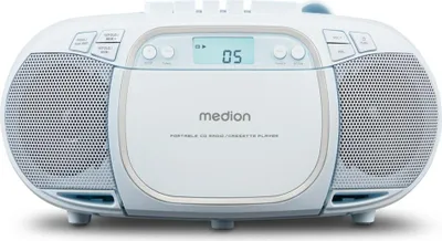 Image de MEDION E66476 Stereo Sound System (Boombox, lecteur CD, MP3, cassette, lecteur de cassette portable pour enfants, radio FM, AUX, écouteurs, secteur & batterie) bleu