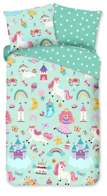 Imagen del producto de Juego de sábanas para cuna "Unicornio, princesa, arcoíris" - Color menta - (140x200/220 cm) - Algodón