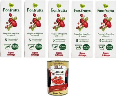 Produktbild von Rigoni di Asiago Fior di Frutta Confettura di Fragoline 5 monodosi Fior di Frutta Erdbeermarmelade 5 Einzeldosen 5x100gr +Italian Gourmet Polpa di Pomodoro 400gr