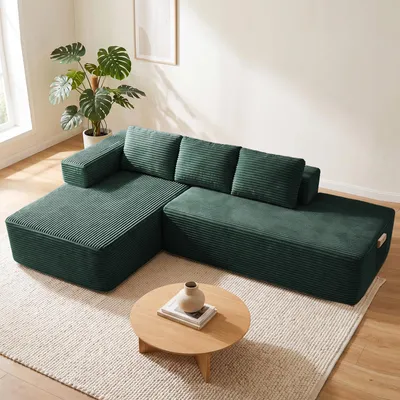 Produktbild von COMHOMA Ecksofa mit Schlaffunktion, 255cm Corduroy Modulares Boneless Couch mit Chaiselongue & Rücken-Metallgestell, L-Form Schlafsofa mit offenem