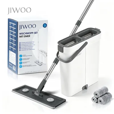 Produktbild von Bodenwischer Wischmopp Set mit Eimer 2-Kammer-System handfrei mit getrennten Wasch- und Trockenkammern 360° Flachmopp mit 3 Mikrofasertüchern