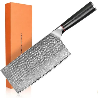 Zdjęcie produktu dla Nóż do mięsa Damast – chiński nóż do siekania, 18 cm – profesjonalny nóż kuchenny – wyjątkowo ostry – rękojeść ze stali nierdzewnej – do mięsa i warzyw