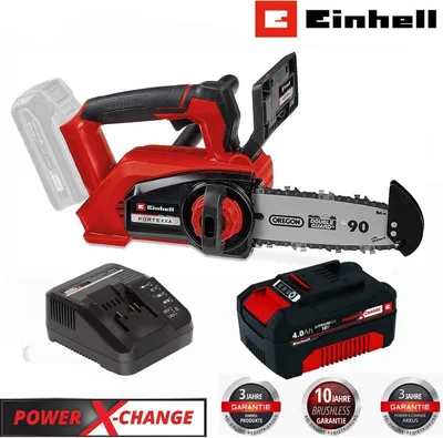 A collage image of a red and black cordless chainsaw, along with its charger and a battery pack. There are also promotional badges.