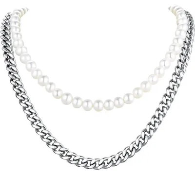Productafbeelding van Parelketting, dames/heren, synthetisch, wit/zwart, zoetwatercultuurparel, roestvrij staal, 44 cm + 7 cm verlenging, 7-8 mm