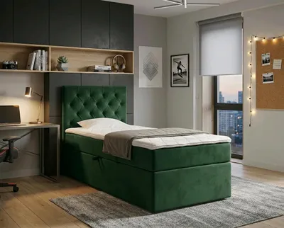 Produktbild von NORDELO Boxspringbett ELEGANTE 120x200 cm AMOR Velvet Flaschengrün Komplett-Set gepolstertes Einzelbett mit Stauraum, Matratze und 4 cm Visco-Topper, Bonellfederkernmatratze, T30-Schaum