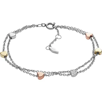 A bracelet with multiple heart charms.
