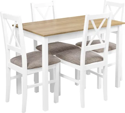 A dining table with four chairs, presented on a white background.