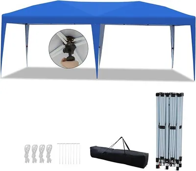 Imagen del producto de Pabellón de 3x6 metros, impermeable, estable y resistente al invierno. Pabellón plegable para camping con cierre central, tienda de jardín, pérgola, protección UV, tienda para fiestas. Pabellón de jardín con altura ajustable, color azul