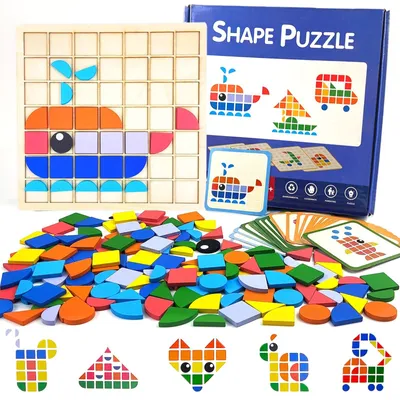 Produktbild von Holzpuzzle Mosaikspiel Tangram Steckspiel - 140 Teile - Naturholz - Mit 20 doppelseitigen Designkarten - Ab 3 Jahren