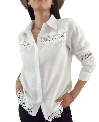 Produktbild von Damen Langarm Bluse mit Spitze, Umlegekragen, locker und elegant, Größe 38