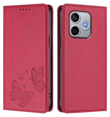 Image de Étui en cuir pour Honor 600 Lite, étui de protection type portefeuille en cuir gaufré « papillon » avec support, rouge