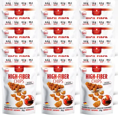 Produktbild von High-Fiber Chips Paprika Style 12 x 25 g Beutel, sättigender Ballaststoff Snack, Omega-3, vegan und glutenfrei