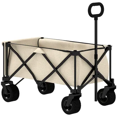 A beige and black foldable garden wagon with a handle and wheels, shown on a white background.