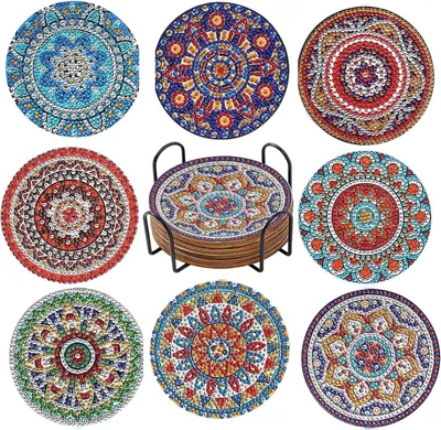 Obrázek produktu pro Sada podtácků pro diamond painting – 8 kusů – Opakovaně použitelné podtácky s motivem mandaly, včetně držáku a sad pro začátečníky pro tvorbu obrázků technikou diamond painting