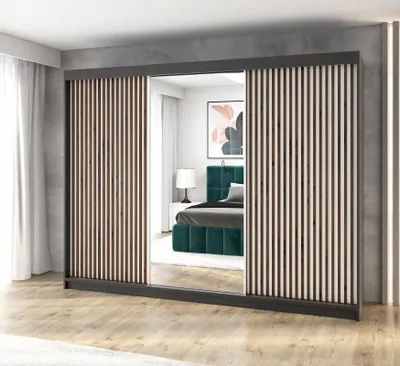 Produktbild von Schwebetürenschrank, 3-türig Schrank FARA 200 cm (mit Spiegel) Schwarz / weiß / weiß