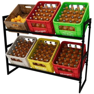 A multi-tiered metal rack holding several crates of beverages and some fruit.