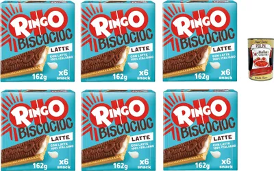 Produktbild von Pavesi Ringo Bisco Cioc Latte, Keks mit Milchfüllung und Schokoladenüberzug für einen süßen und leckeren Snack für zwischendurch, 6x 162g + Italian Gourmet polpa 400g