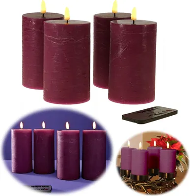 Produktbild von LS-LebenStil LED 3D Stumpenkerzen 4´er Set Lila 15cm mit Timer Fernbedienung flackernde flammenlose Kerze Blockkerze Batterie Adventskranz Deko