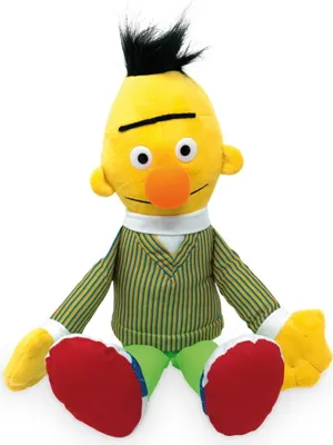 A plush toy of the character Bert from Sesame Street, sitting against a white background.