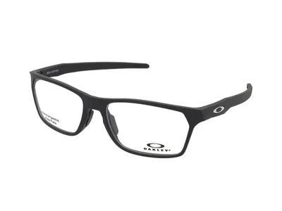 A pair of black Oakley eyeglasses with clear lenses, shown from a three-quarter angle against a white background.