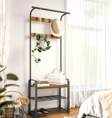Produktbild von Mondeer Garderobenständer mit 9 Haken Schuhablagen 183cm Vintagebraun-Schwarz