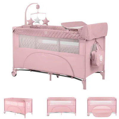 Obrázok produktu pre Cestovná postieľka Kikka boo Nighty Night, 2 úrovne, hrací oblúk, 2 kolieska, prebaľovacia podložka ružová