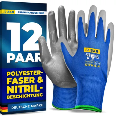 Imagen del producto de Guantes de trabajo S&R con revestimiento de nitrilo: guantes de protección sin costuras y antideslizantes, ideales para montaje, trabajos de construcción y mantenimiento. Son flexibles, resistentes al aceite y al agua, y ofrecen una alta resistencia a la abrasión