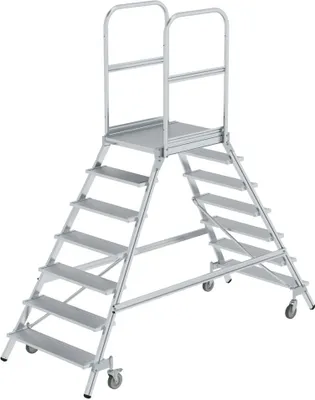 Produktbild von Podesttreppe beidseitig begehbar mit Federrollen | Aluminium geriffelt | 7 Stufen | Rutschsichere Leiterschuhe