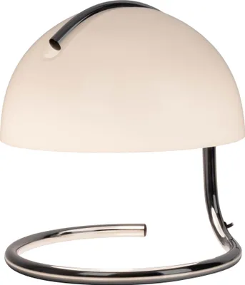 A table lamp with a cream-colored dome shade and a silver curved base and stem.