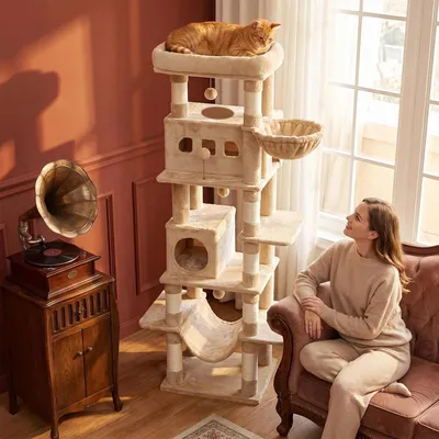 Produktbild von Fobyfurny großer Katzenkratzbaum 170 cm hoch mit 8 Kratzbäumen, 2 Höhlen, großen Plattformen, waschbare Matte, Hängematte, Plüschbälle