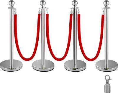 Immagine prodotto di Palo della barriera in acciaio inox Supporto di demarcazione a corda Testa di palla 3 Corde di velluto rosso Colonna d'argento 4 Confezione di barriere di controllo della folla