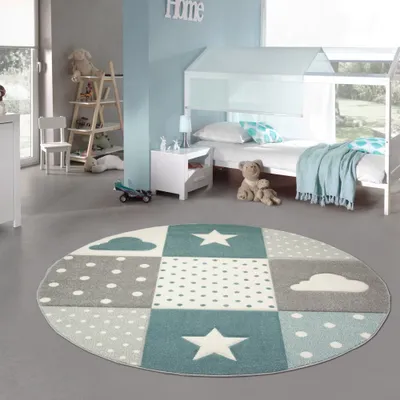 Zdjęcie produktu dla Dywan dziecięcy chłopięcy dywan do pokoju dziecięcego z chmurką w gwiazdki w kolorze niebieskim szarym kremowym rozmiar - 120 cm okrągły