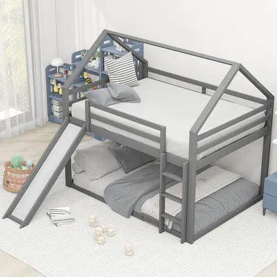 Obrázek produktu pro okwish dětská postel patrová postel 140x200, dětská patrová postel se skluzavkou a schody patrová postel postel z masivního borovicového dřeva bez matrace šedá