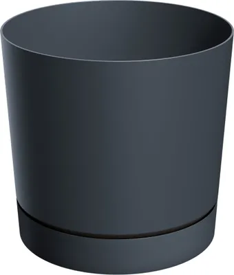 A dark gray cylindrical planter with a matching saucer, shown in isolation.