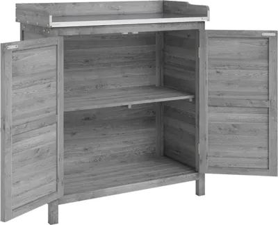 Produktbild von Gartenschrank mit Pflanztisch, Holz Geräteschuppen mit verzinkter Arbeitsplatte 2 Regalböden Grau