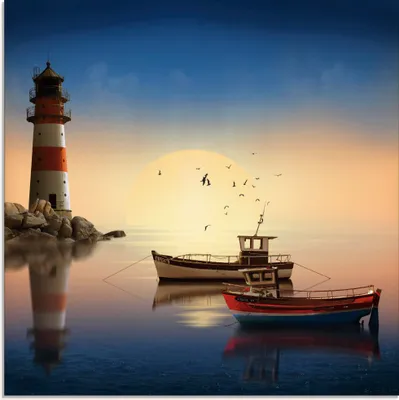 Produktbild von ARTland Glasbild Kleiner Hafen mit Leuchtturm Größe: 50x50 cm