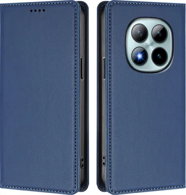 A dark blue flip case for a smartphone, shown from the front and back.