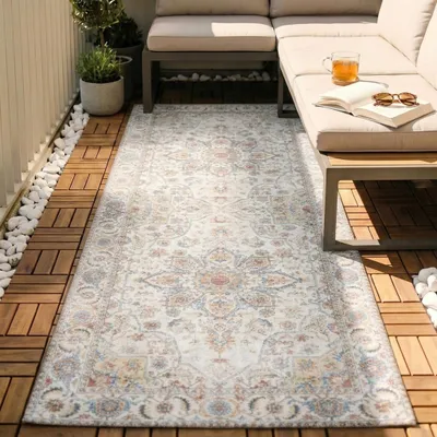 Produktbild von Volero - Waschbarer Läufer - Domingo Mandala Weiß - 80x250 cm - Wohnzimmer, Balkon, Garten / Terrasse, Flur - Boho, Orientalisch