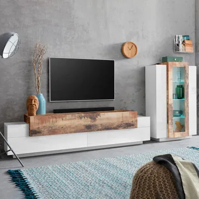 Produktbild von Moderne Wohnwand, TV-Schrank und Vitrine in Weiß und Holz Corona