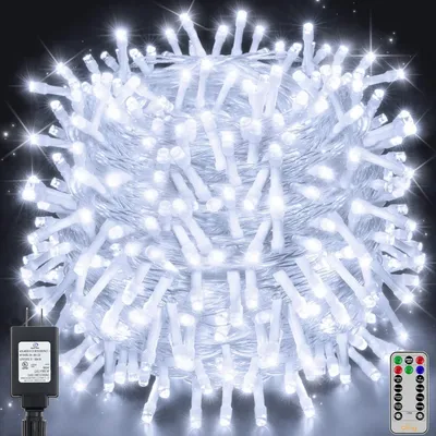 A coiled string of white LED lights with a black power adapter and a remote control.