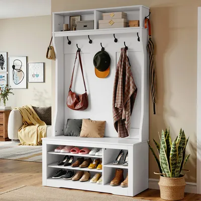 Produktbild von Garderobenständer mit Schuhbank, Kleiderschrank mit 9 Haken, verstellbare Einlegeböden, Schuhschrank, 98 x 35 x 180 cm, Weiß