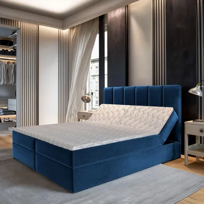 Produktbild von Masseno Boxspringbett BARINO 160x200 cm Komplett-Set mit Bonell Matratze und Topper, Polsterbett mit Bettkästen -Blau, KRONOS 09