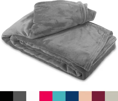 A folded gray fleece blanket is shown against a white background. Below the blanket are color swatches representing different color options.