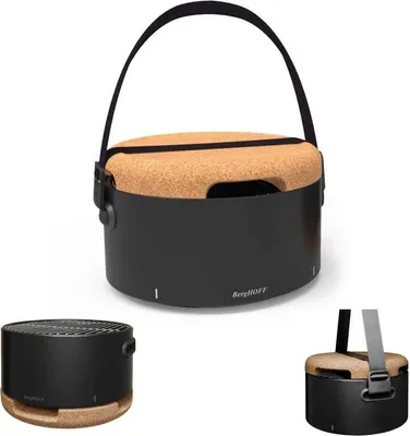 A collage of images showing a portable charcoal grill.