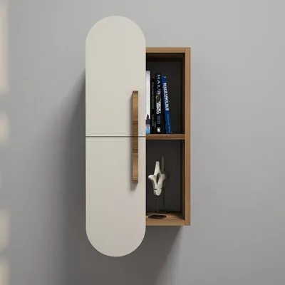 A modern wall-mounted shelf with a cream-colored cabinet and a walnut-finished open compartment.